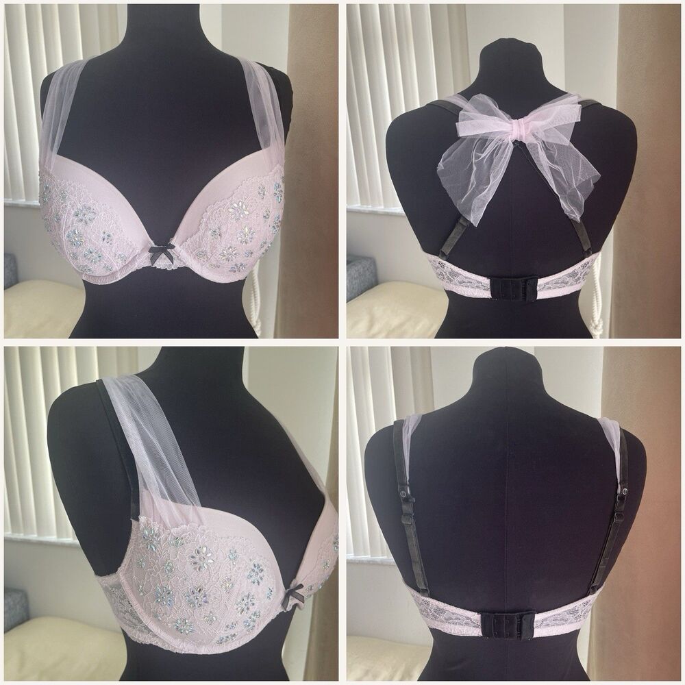Victoria’s Secret  Pink Lace Crystal Underwire Padded Push Up Bra Tulle 32 DD